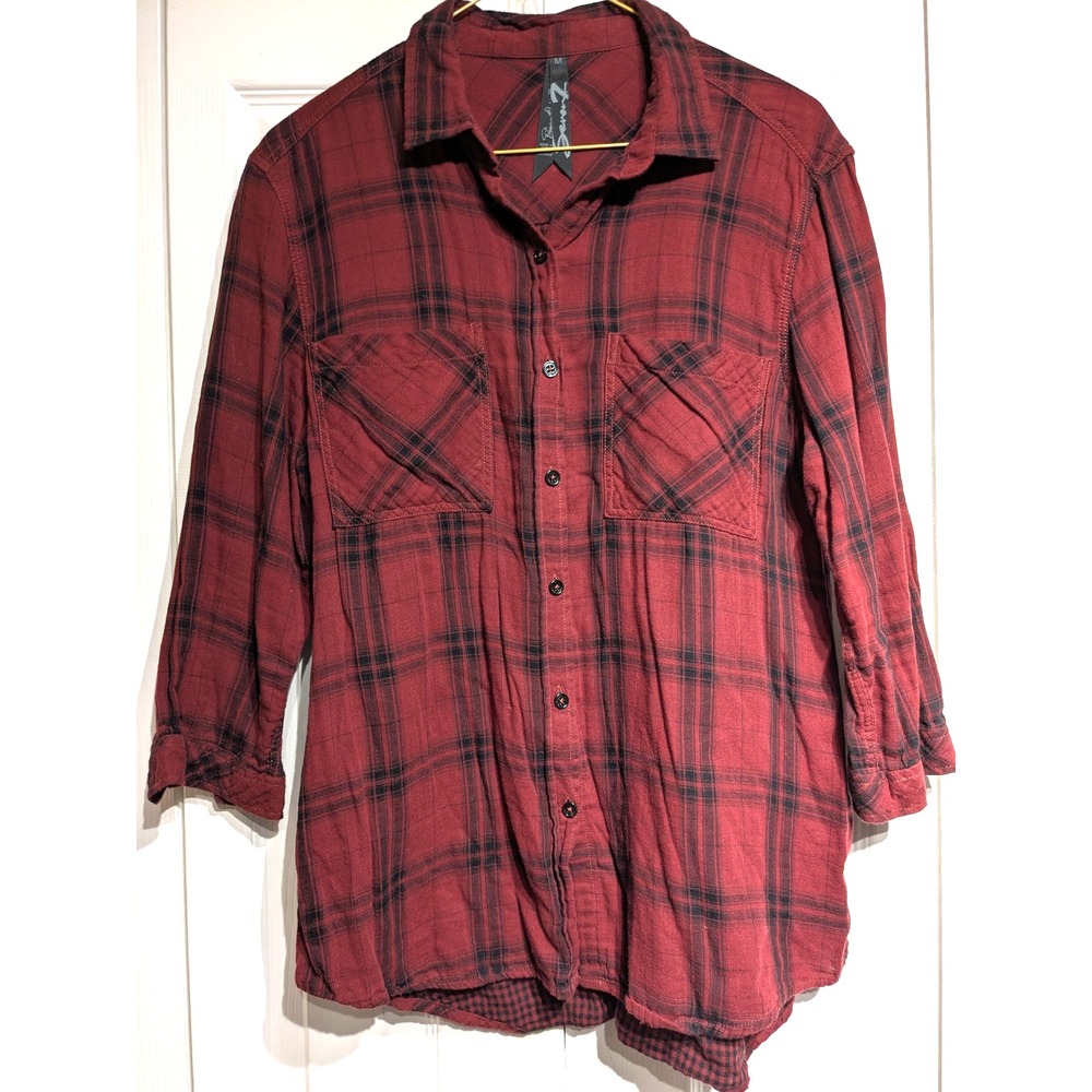Seven7 Shirt Womens Medium Red Black Plaid Flannel Button Up 3/4 Sleeve Casual